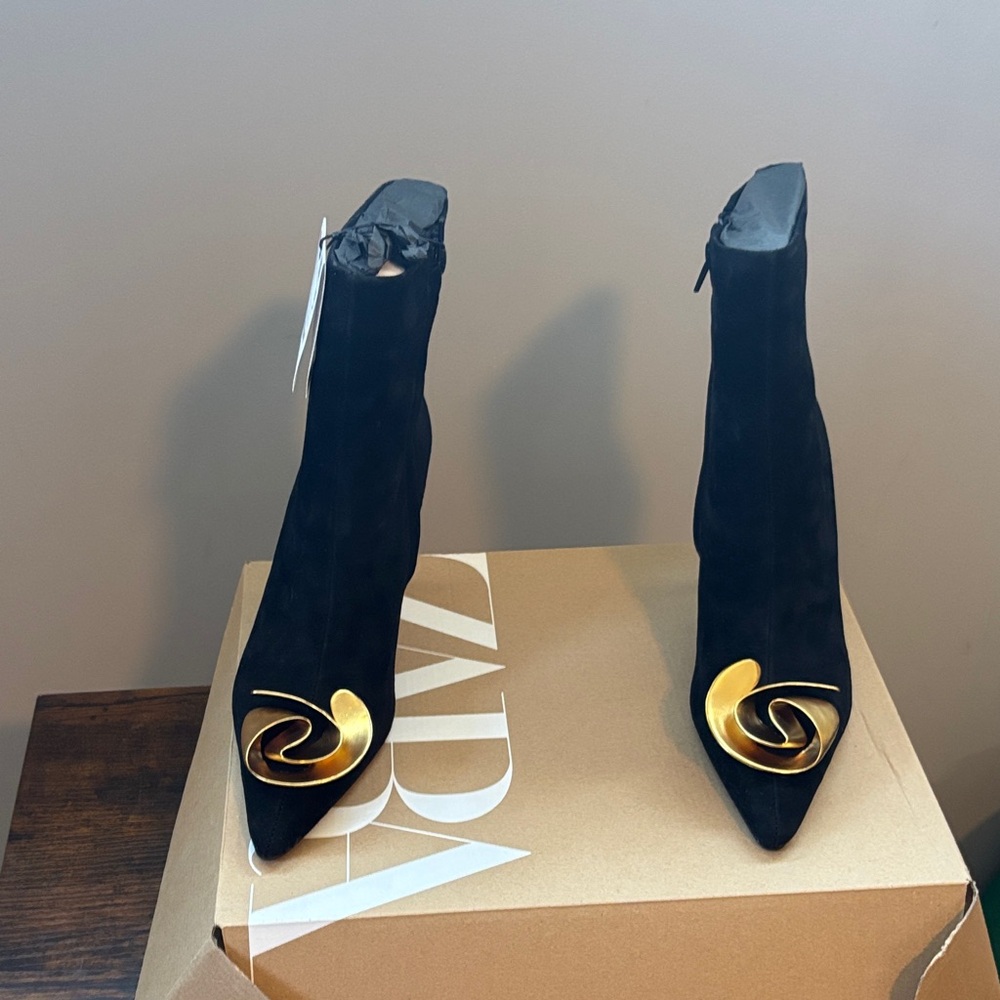 Zara Black Suede Pointed-Toe Ankle Boots with Gold Spiral Accent